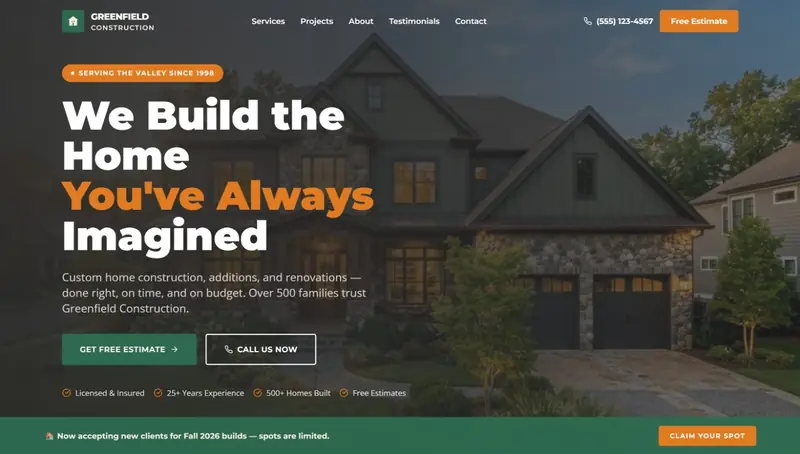 Greenfield Construction custom home building website, Louisiana